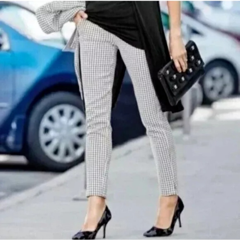 CAbi #3203 Windowpane Plaid Ankle Trouser Pant Black White Straight Leg SZ 6